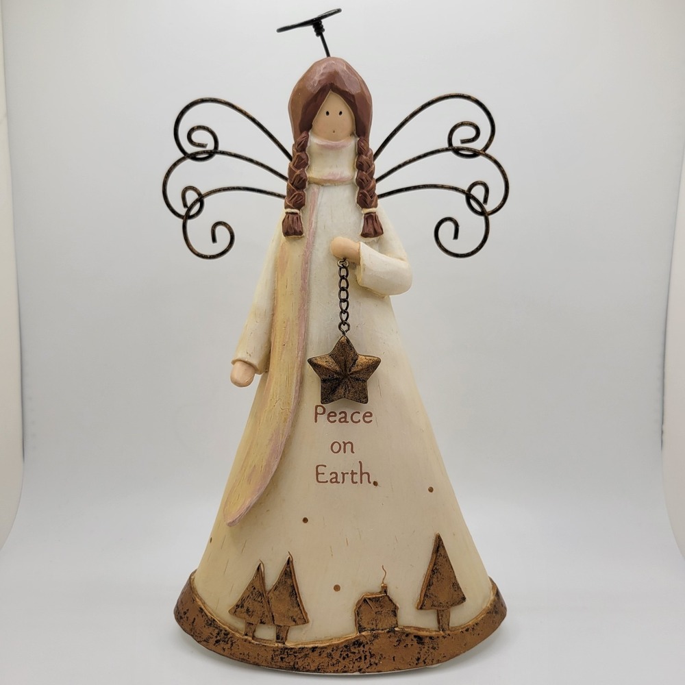 Russ Glitter & Gold Peace On Earth Angel Figurine Christmas Decor Rustic Holiday